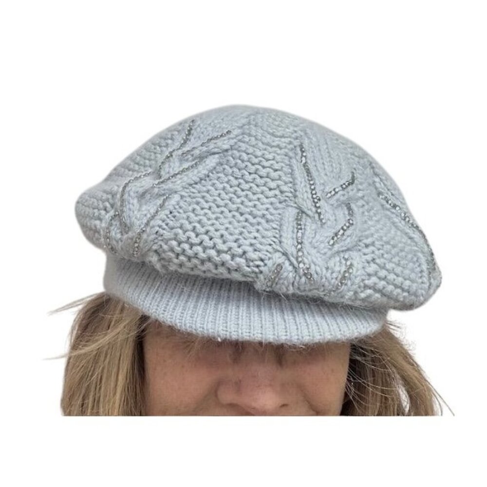 Women Rabbit Hair Blend Knit Silver Rhinestone Accents Gray Cable Beret Hat